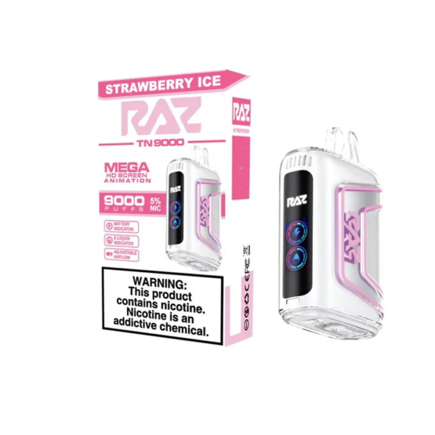 RAZ TN 9000 Strawberry Ice Disposable Vape – 9,000 Puffs, 5% Nicotine, Dual Mesh Coil, USB-C Rechargeable – Sweet Strawberry with a Refreshing Menthol Twist