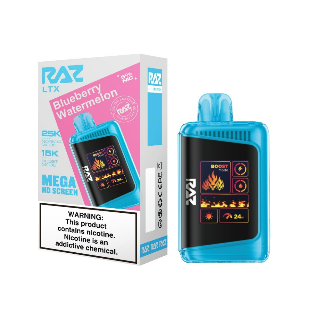 Raz LTX25K Puff Disposable Vape Blueberry Watermelon Flavor | Juicy Blueberry & Watermelon Blend 25,000 Puffs, USB-C Rechargeable, Pre-Filled E-Liquid | Fruity, Refreshing High-Capacity Nicotine Vape Pen for Adults