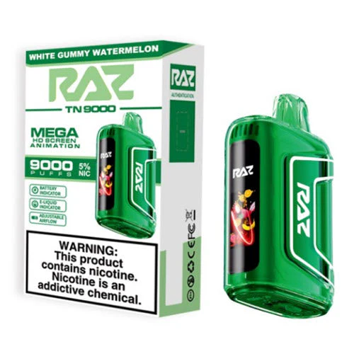 RAZ TN 9000 White Gummy Watermelon Disposable Vape – 9,000 Puffs, 5% Nicotine, Dual Mesh Coil, USB-C Rechargeable – Sweet Candy Flavor with Juicy Watermelon Twist
